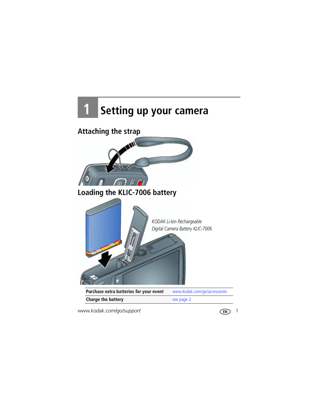 Kodak M532 manual Setting up your camera, Attaching the strap Loading the KLIC-7006 battery 