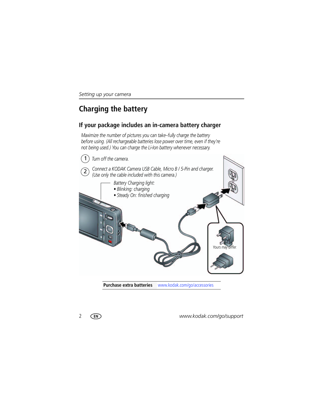 Kodak M532 manual Charging the battery, If your package includes an in-camera battery charger 