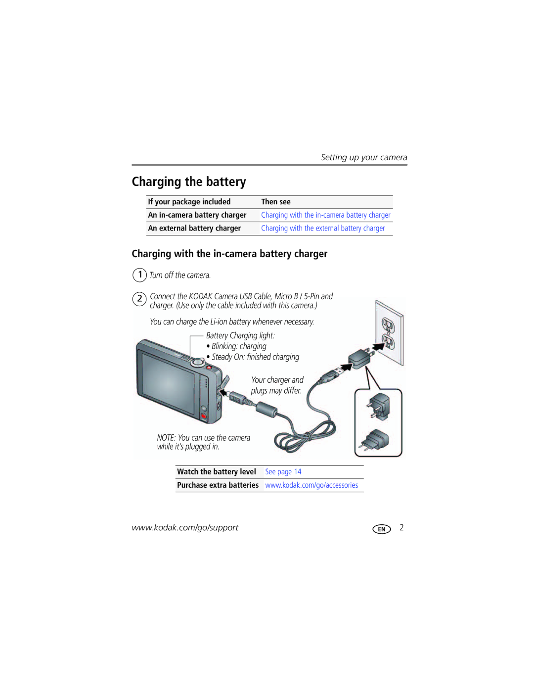 Kodak M5370 manual Charging the battery, Charging with the in-camera battery charger, If your package included Then see 