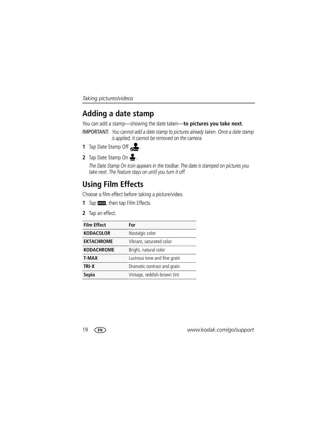 Kodak M5370 manual Adding a date stamp, Using Film Effects, Tap Date Stamp Off Tap Date Stamp On 