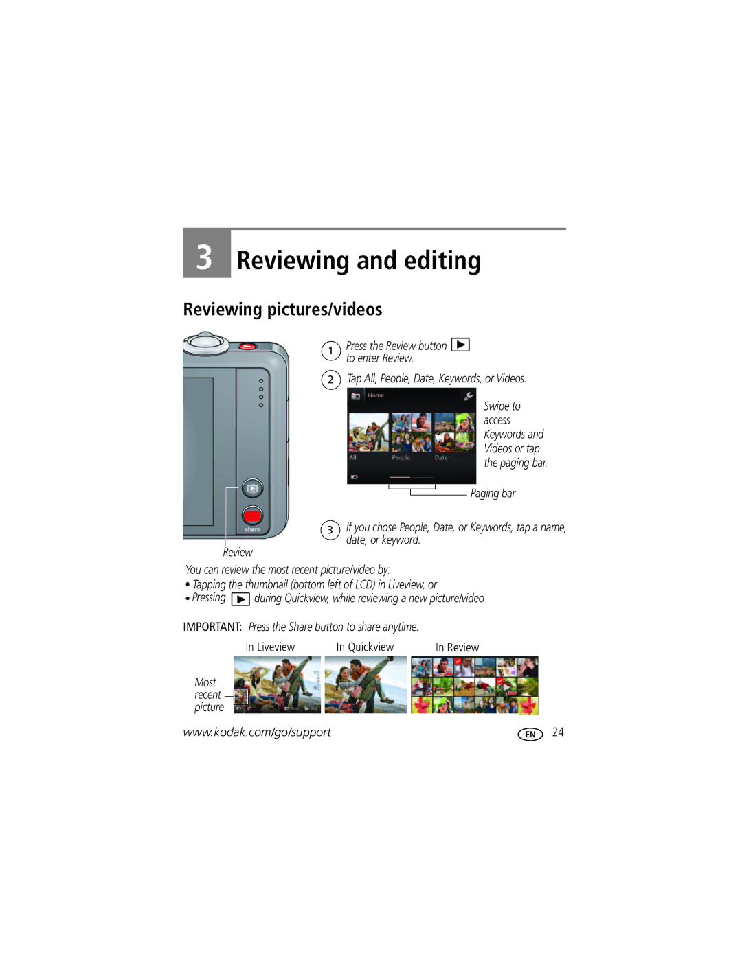 Kodak M5370 manual Reviewing and editing, Reviewing pictures/videos, Liveview, Quickview Review 