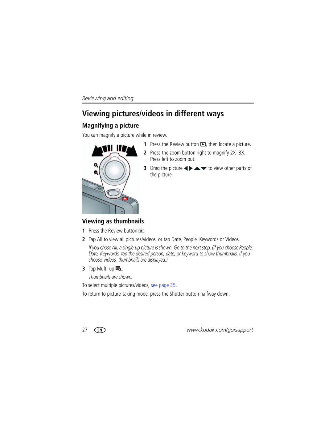 Kodak M5370 manual Viewing pictures/videos in different ways, Magnifying a picture, Viewing as thumbnails 