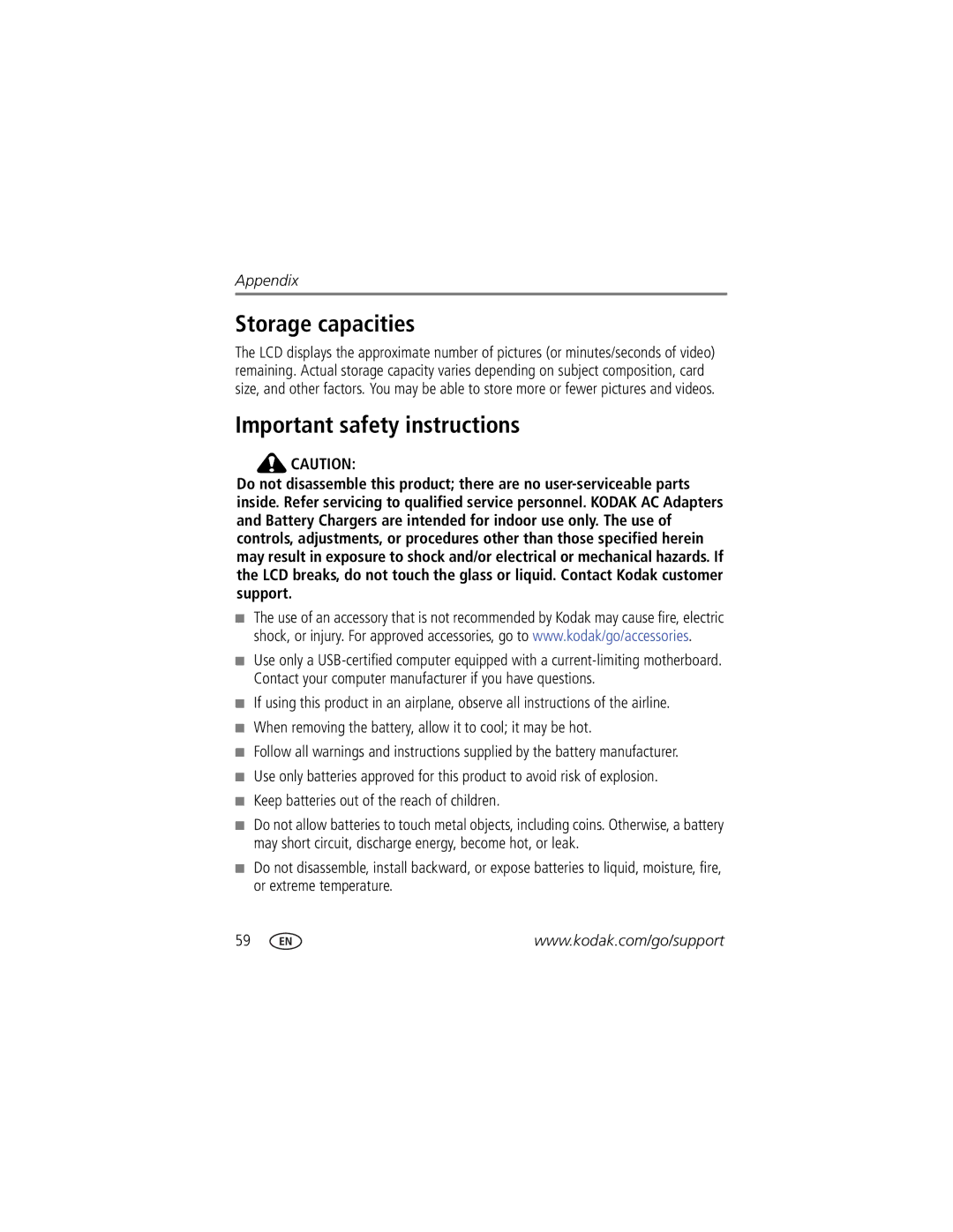 Kodak M5370 Storage capacities, Important safety instructions, When removing the battery, allow it to cool it may be hot 