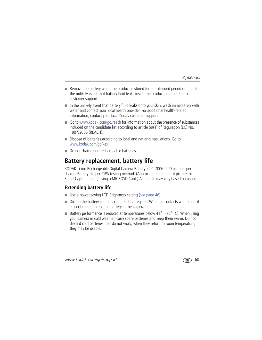 Kodak M5370 manual Battery replacement, battery life, Extending battery life, Do not charge non-rechargeable batteries 