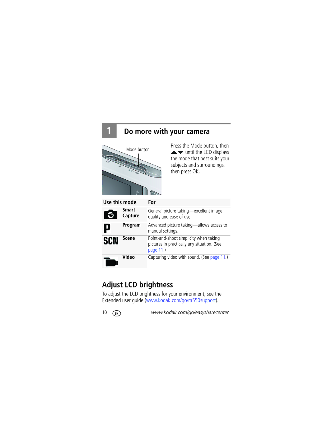 Kodak M550 manual Do more with your camera, Adjust LCD brightness, Mode button, Quality and ease of use, Manual settings 