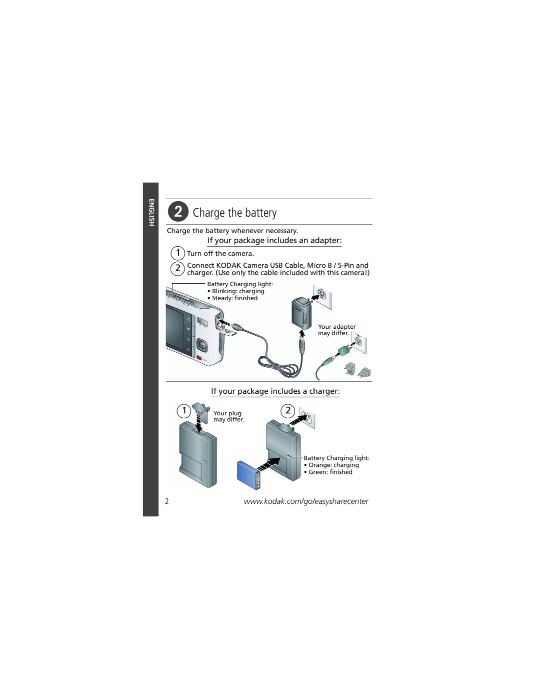 Kodak M550 manual Charge the battery, If your package includes an adapter, If your package includes a charger 