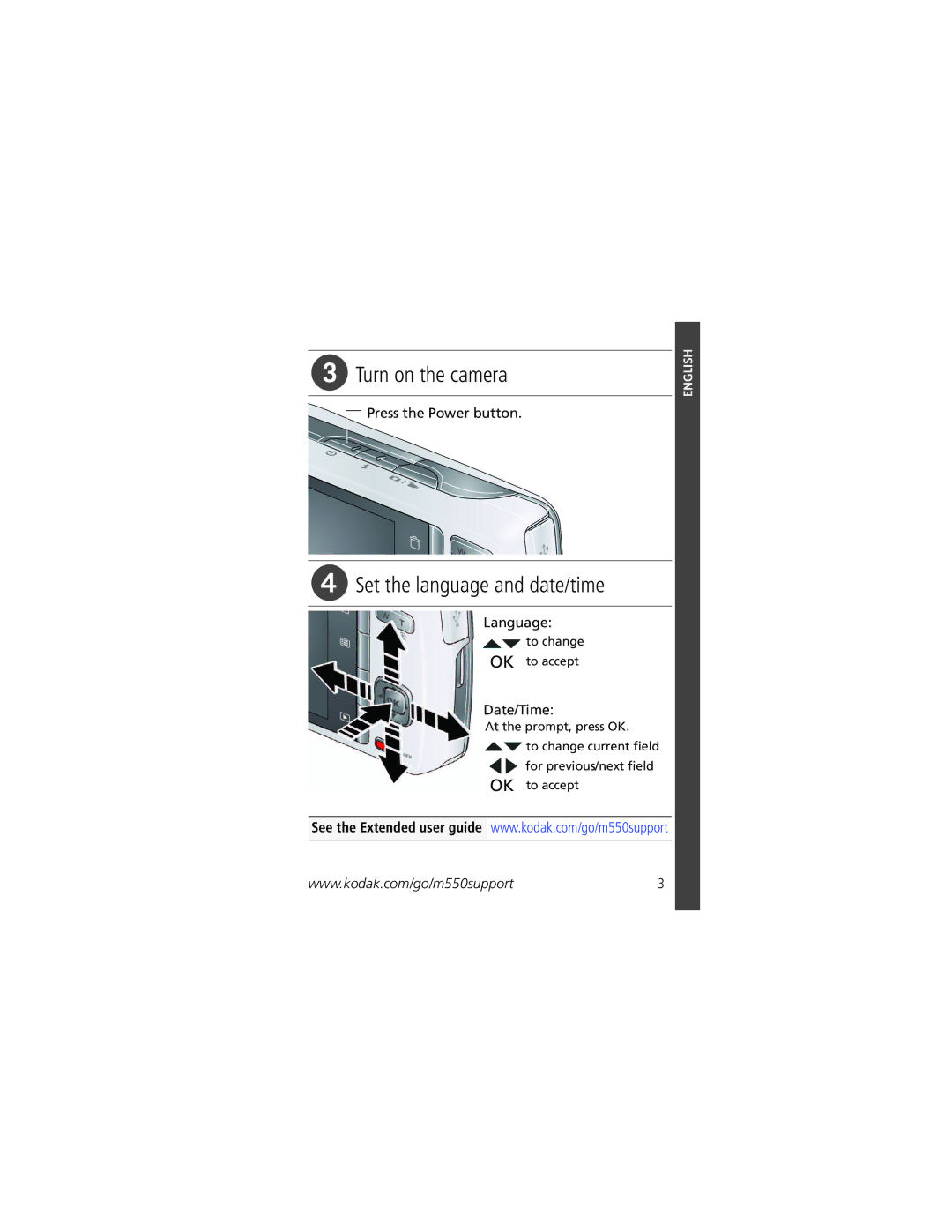 Kodak M550 manual Turn on the camera, Set the language and date/time, Press the Power button, Language, Date/Time 