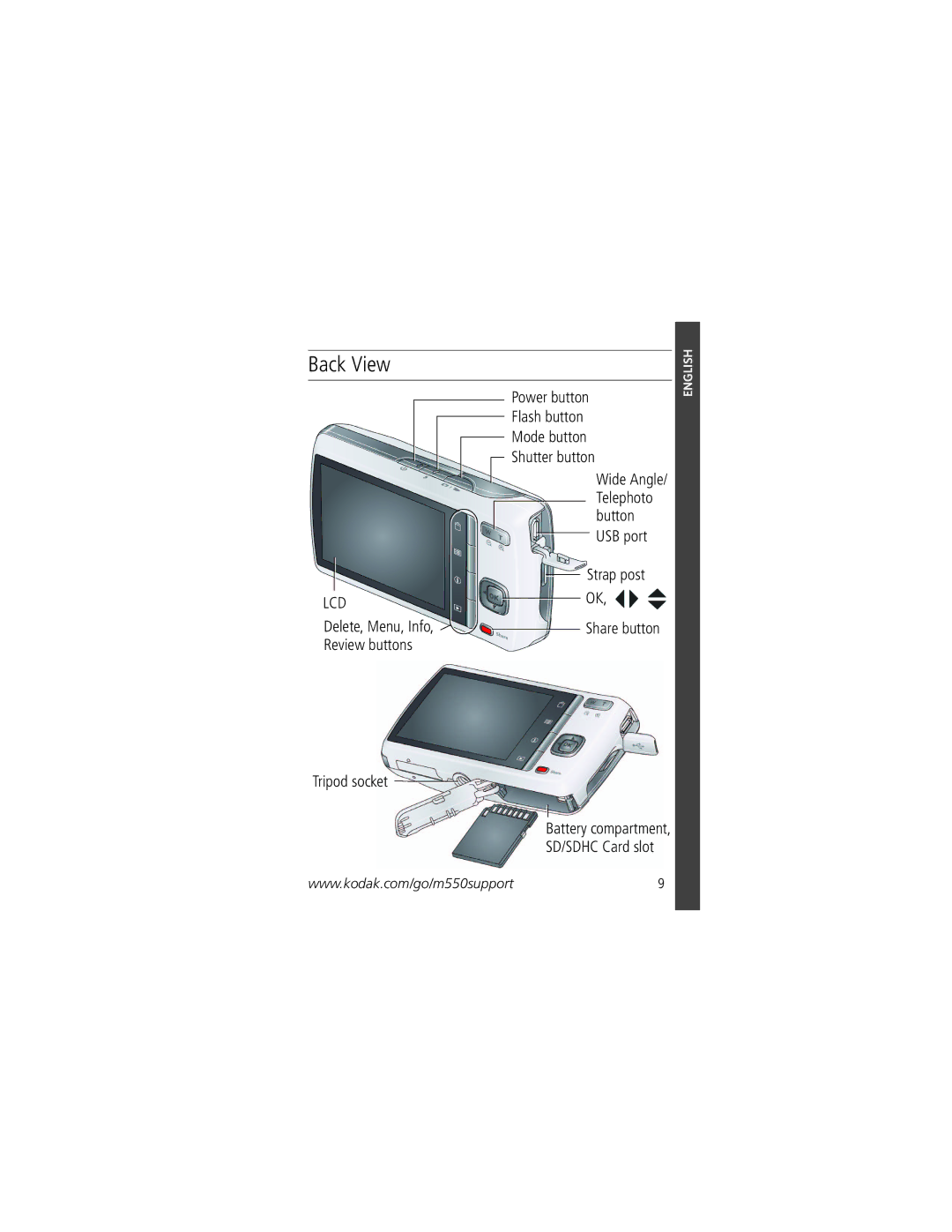 Kodak M550 manual Back View, Tripod socket, Strap post, Power button Flash button Mode button Shutter button 