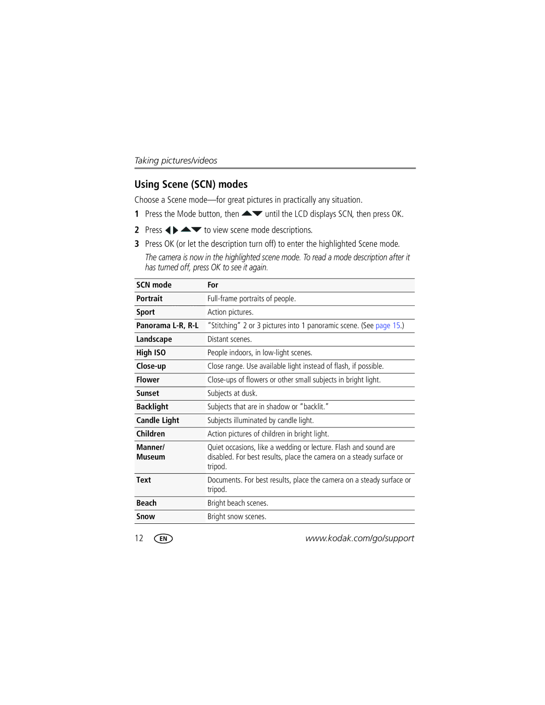 Kodak M575 manual Using Scene SCN modes, Press to view scene mode descriptions 