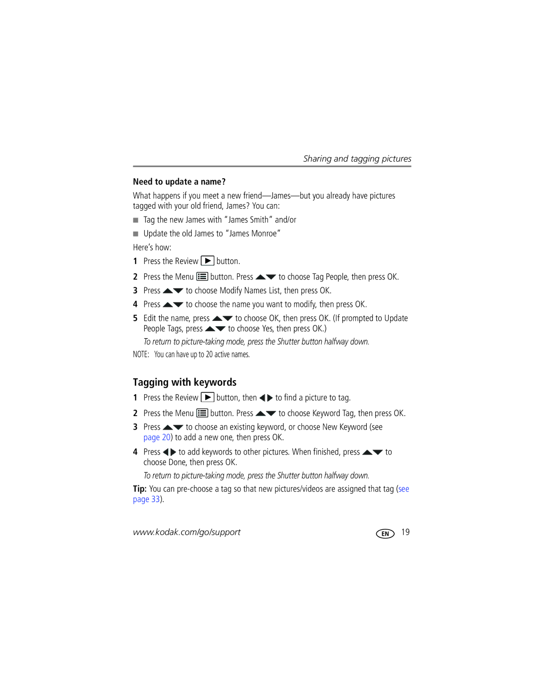 Kodak M575 manual Tagging with keywords, Need to update a name?, People Tags, press to choose Yes, then press OK 