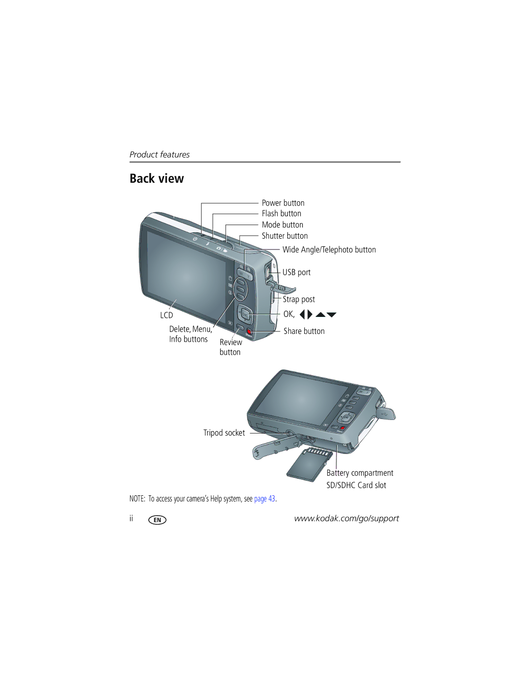 Kodak M575 manual Back view, Lcd 