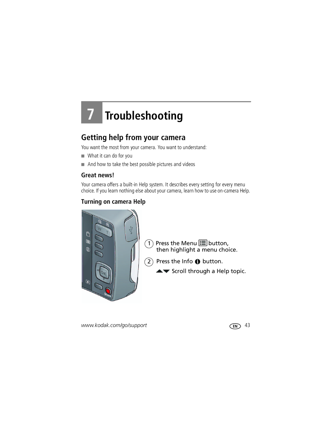 Kodak M575 manual Getting help from your camera, Great news, Turning on camera Help 