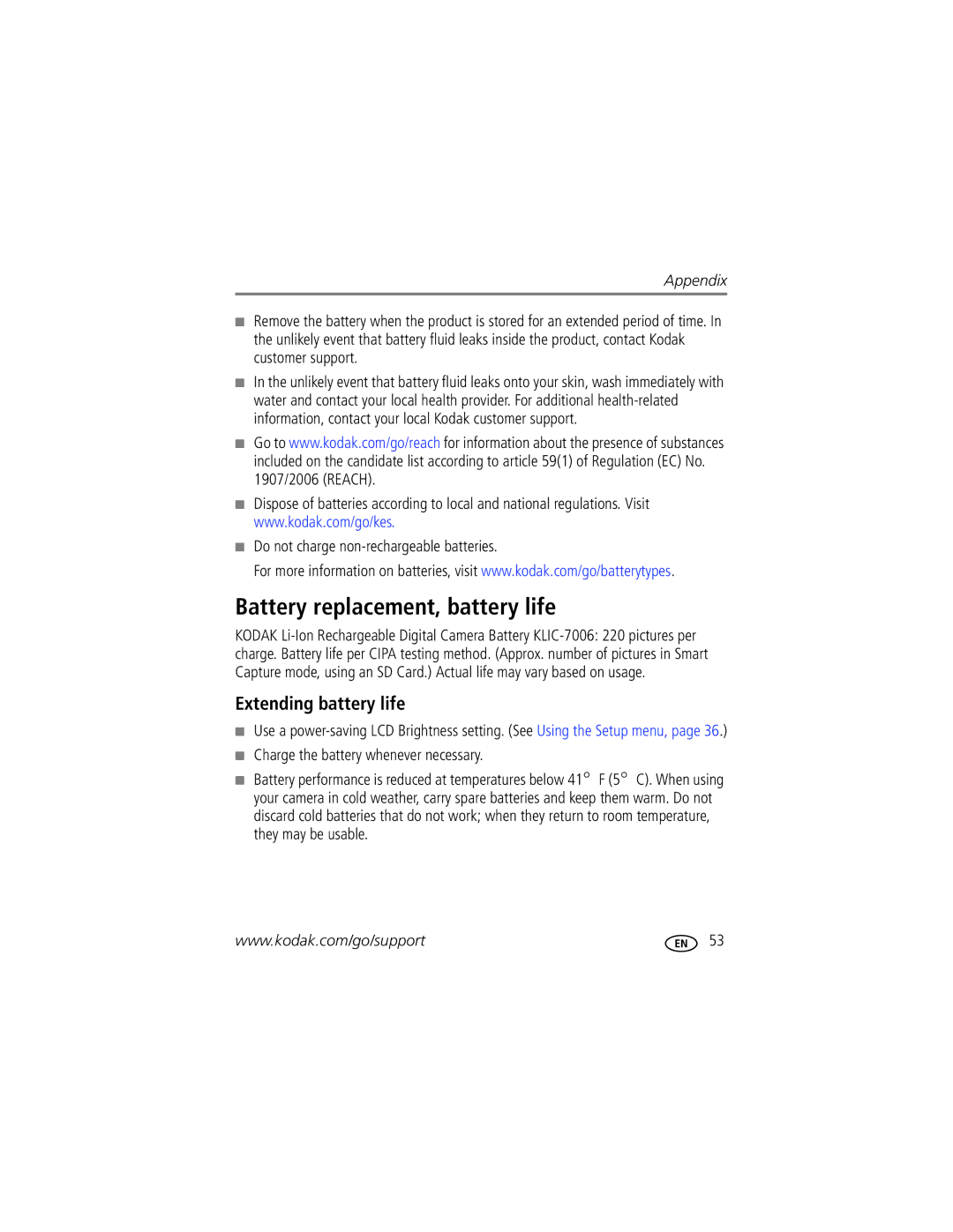 Kodak M575 manual Battery replacement, battery life, Extending battery life, Do not charge non-rechargeable batteries 