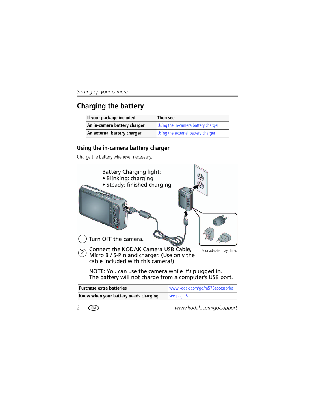 Kodak M575 manual Charging the battery, Using the in-camera battery charger, An external battery charger 