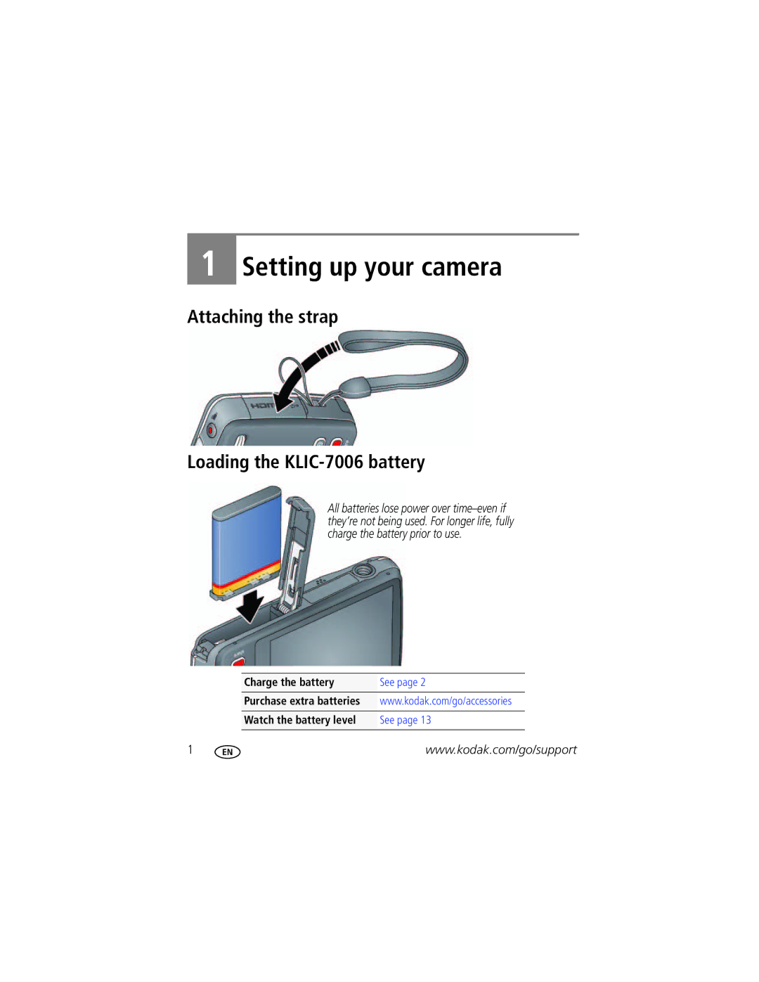 Kodak M577 manual Setting up your camera, Attaching the strap Loading the KLIC-7006 battery 