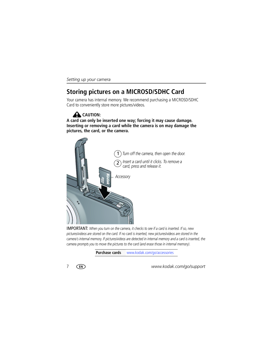 Kodak M577 manual Storing pictures on a MICROSD/SDHC Card, Accessory 