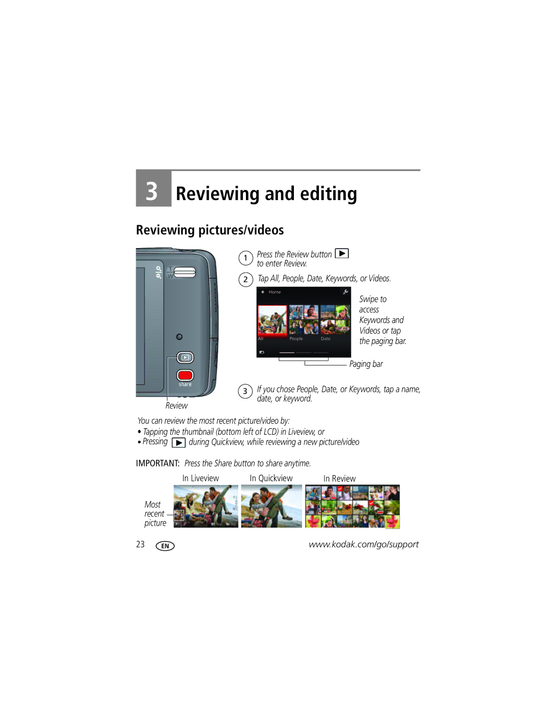 Kodak M577 manual Reviewing and editing, Reviewing pictures/videos, Liveview, Quickview Review 