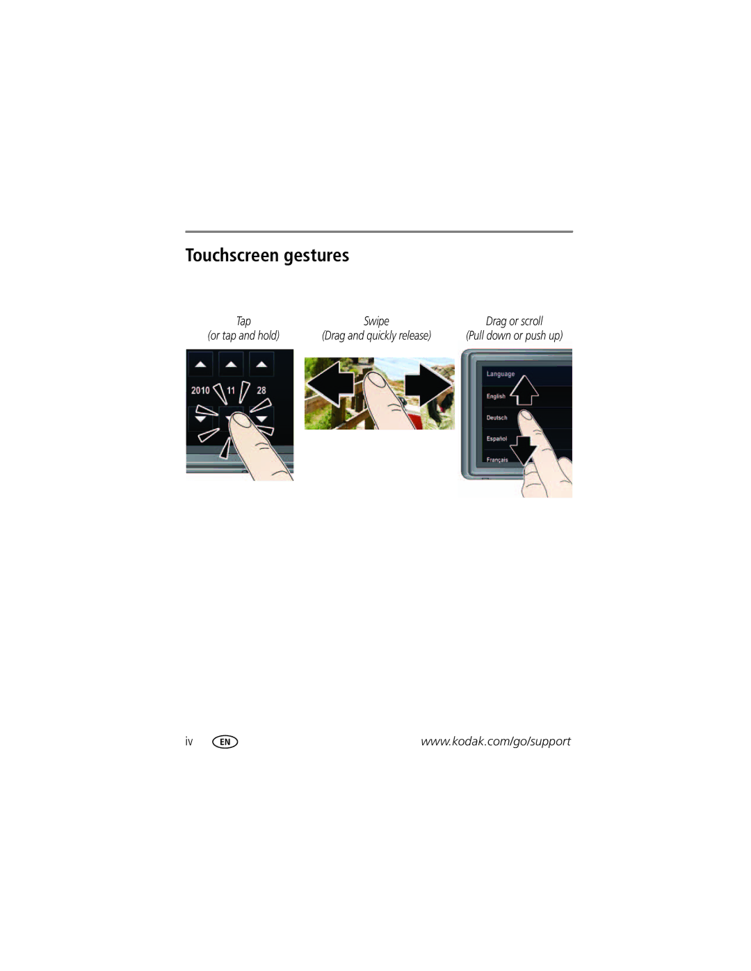 Kodak M577 manual Touchscreen gestures 