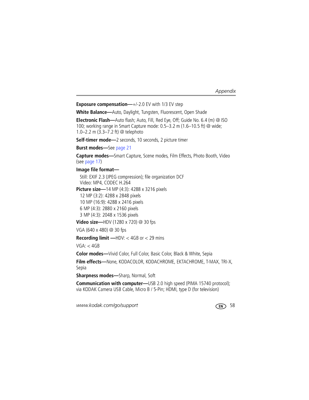 Kodak M577 manual Self-timermode-2 seconds, 10 seconds, 2 picture timer, Burst modes-Seepage, Image file format 