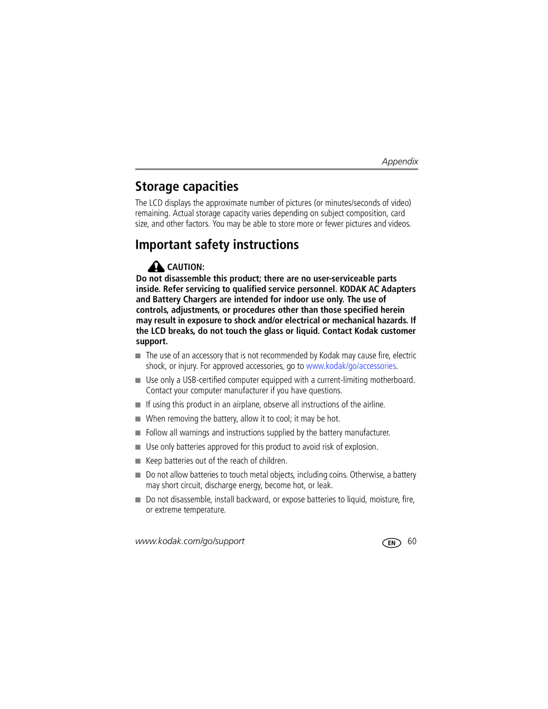 Kodak M577 Storage capacities, Important safety instructions, When removing the battery, allow it to cool it may be hot 