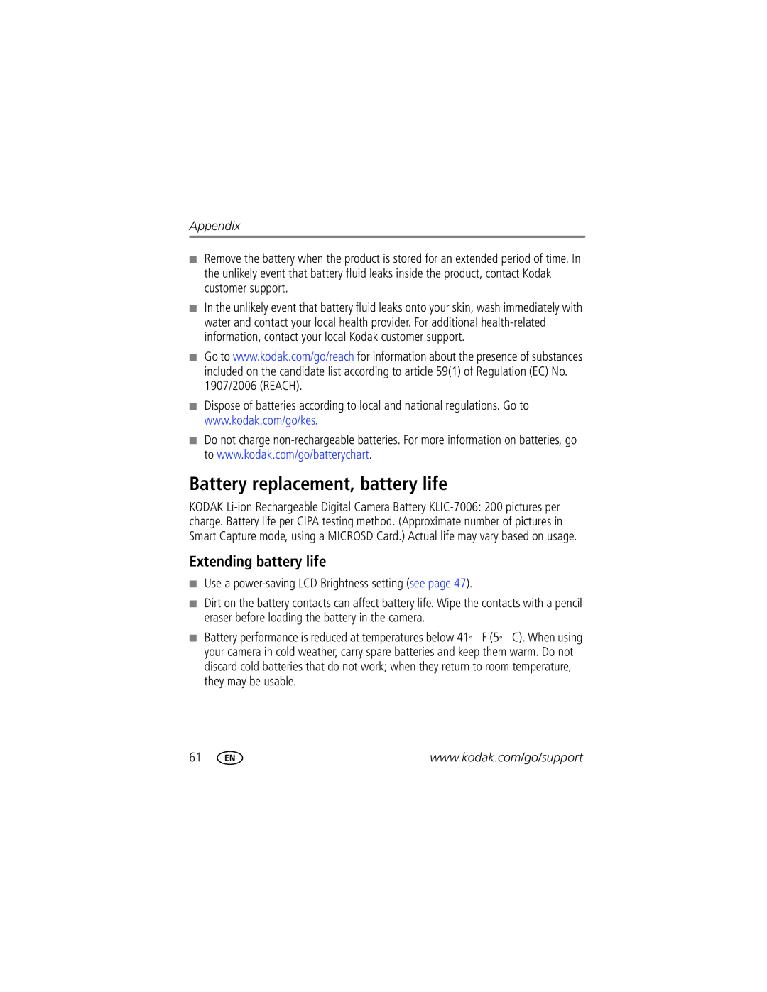 Kodak M577 manual Battery replacement, battery life, Extending battery life, Use a power-saving LCD Brightness setting see 