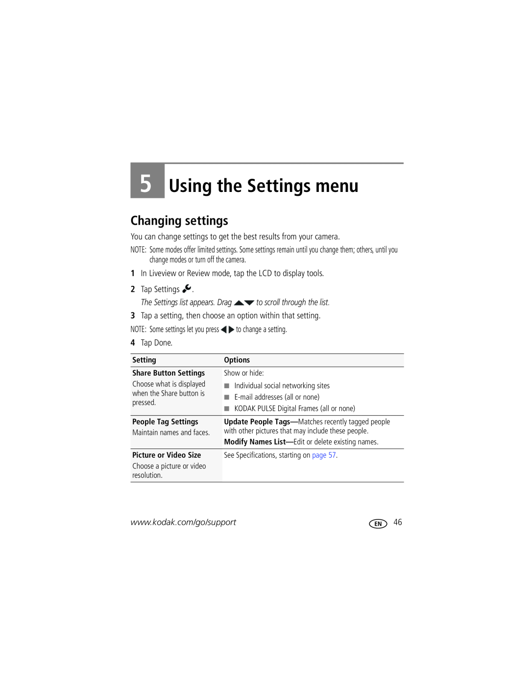 Kodak M577 manual Using the Settings menu, Changing settings, The Settings list appears. Drag to scroll through the list 