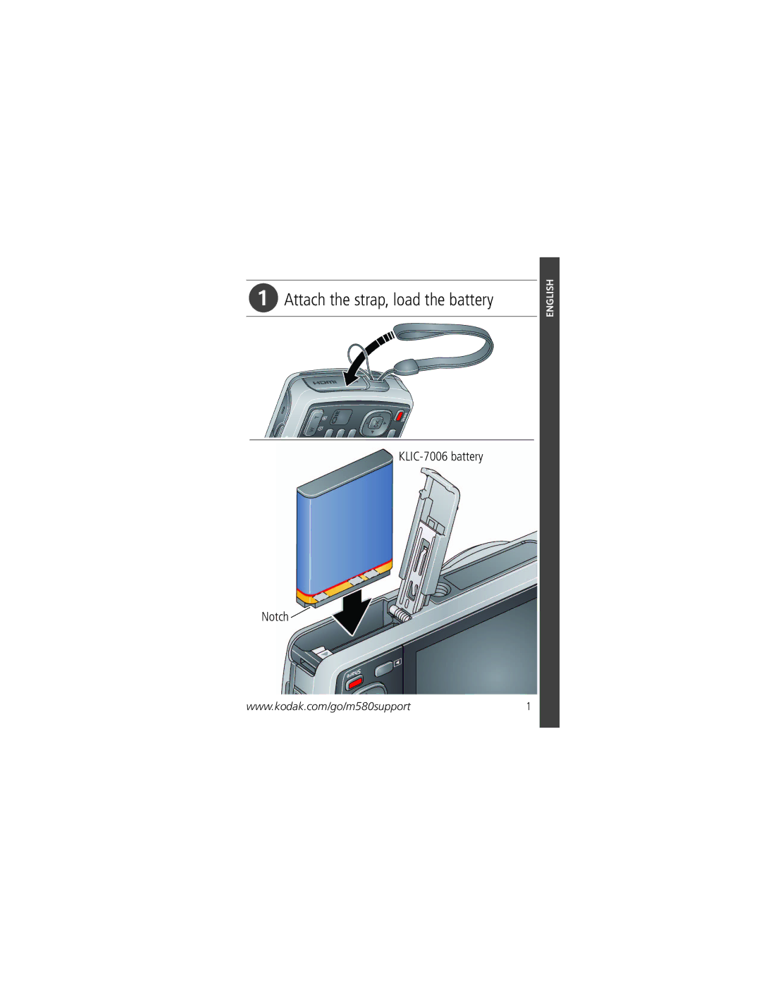 Kodak M580 manual Attach the strap, load the battery, KLIC-7006 battery Notch 