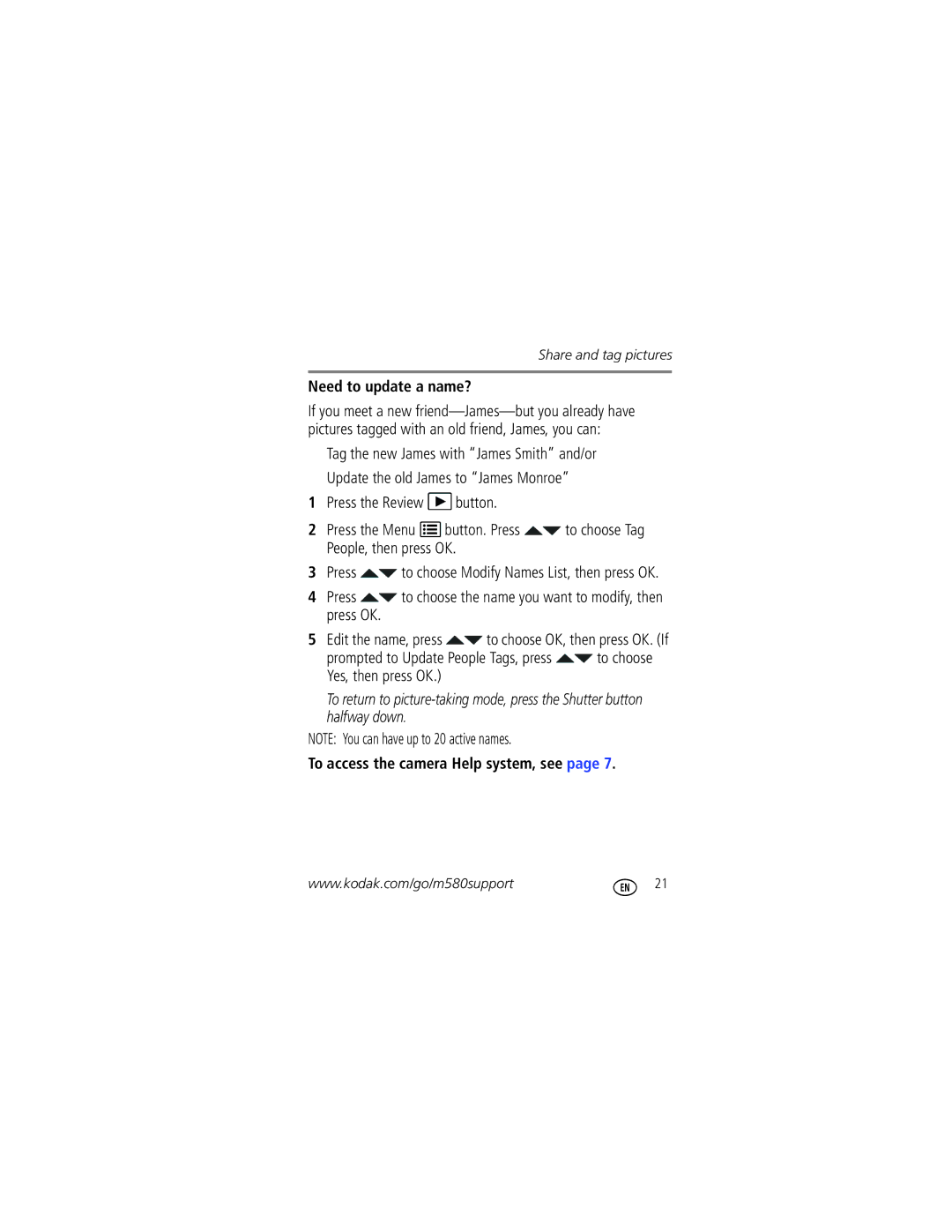 Kodak M580 manual Need to update a name?, Press to choose the name you want to modify, then press OK 