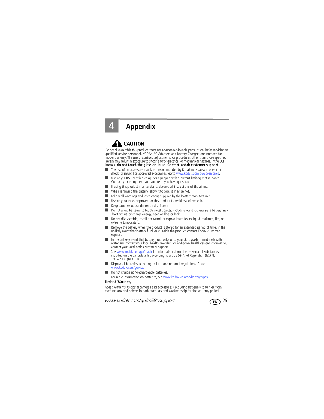 Kodak M580 manual Appendix, Limited Warranty 