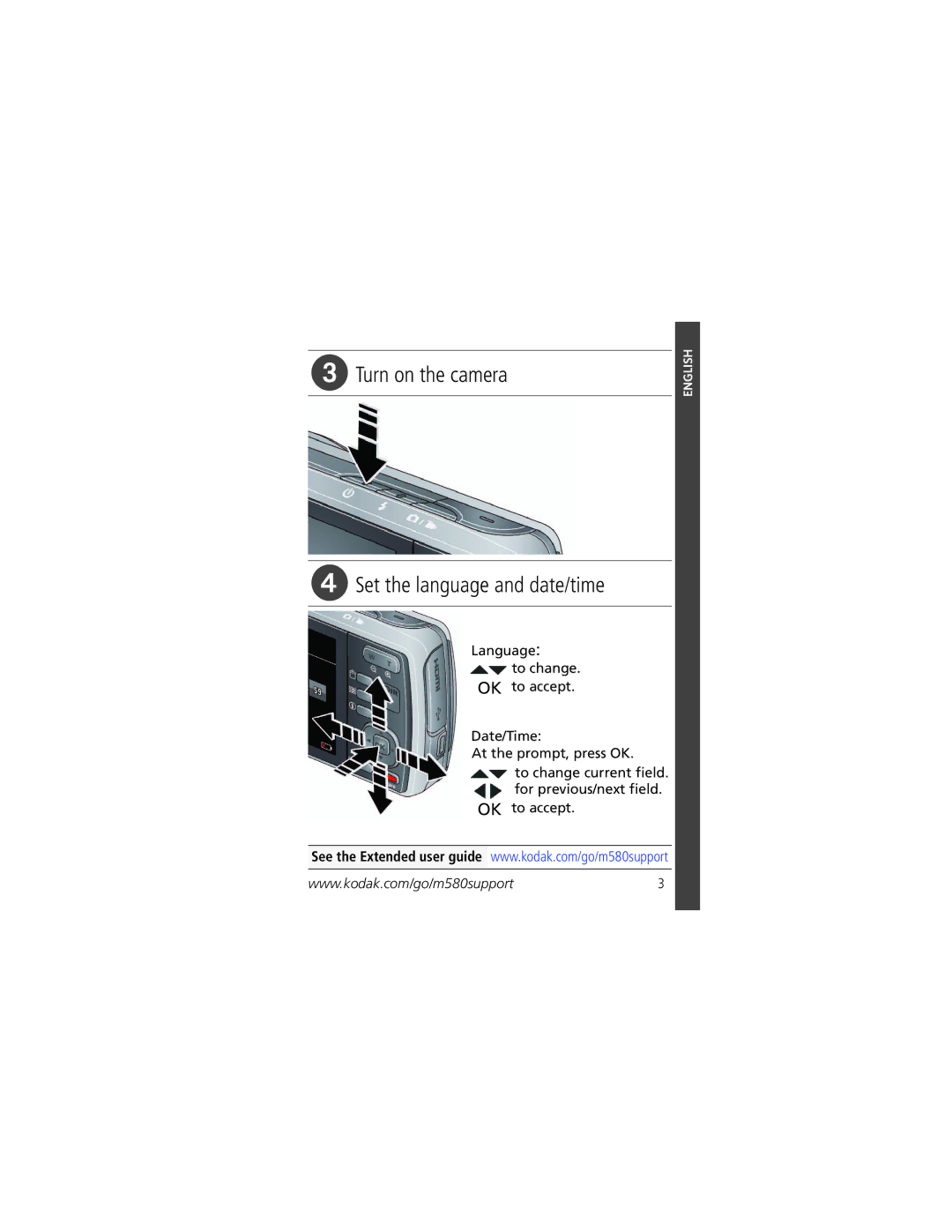 Kodak M580 manual Turn on the camera Set the language and date/time 