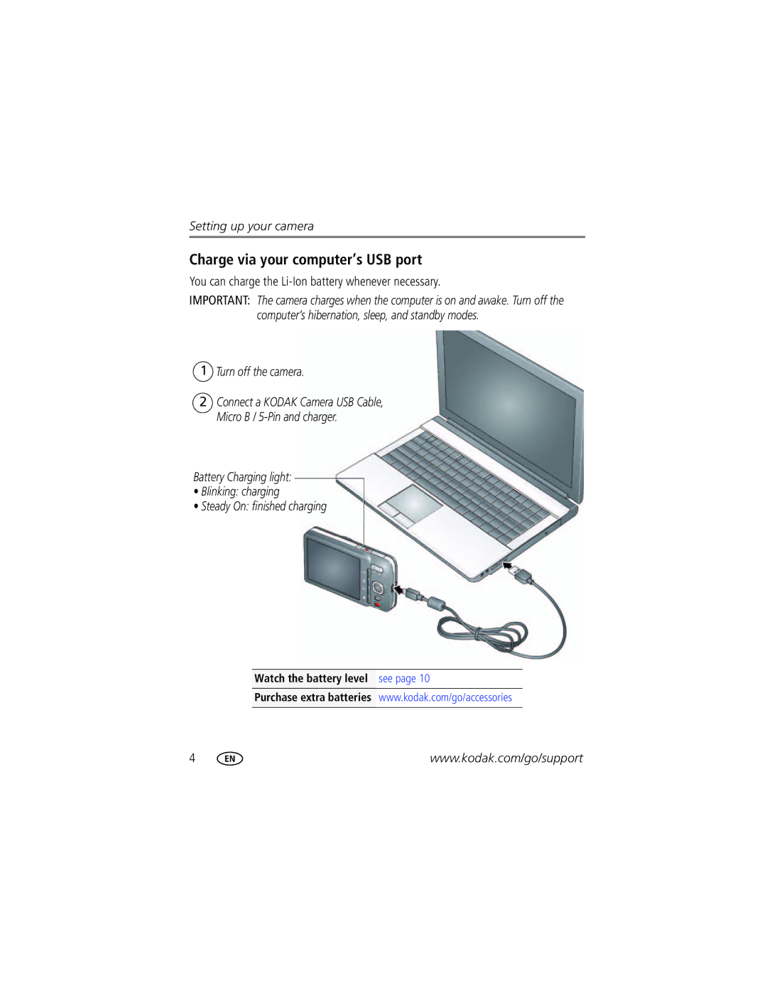 Kodak M583 manual Charge via your computer’s USB port, You can charge the Li-Ion battery whenever necessary 