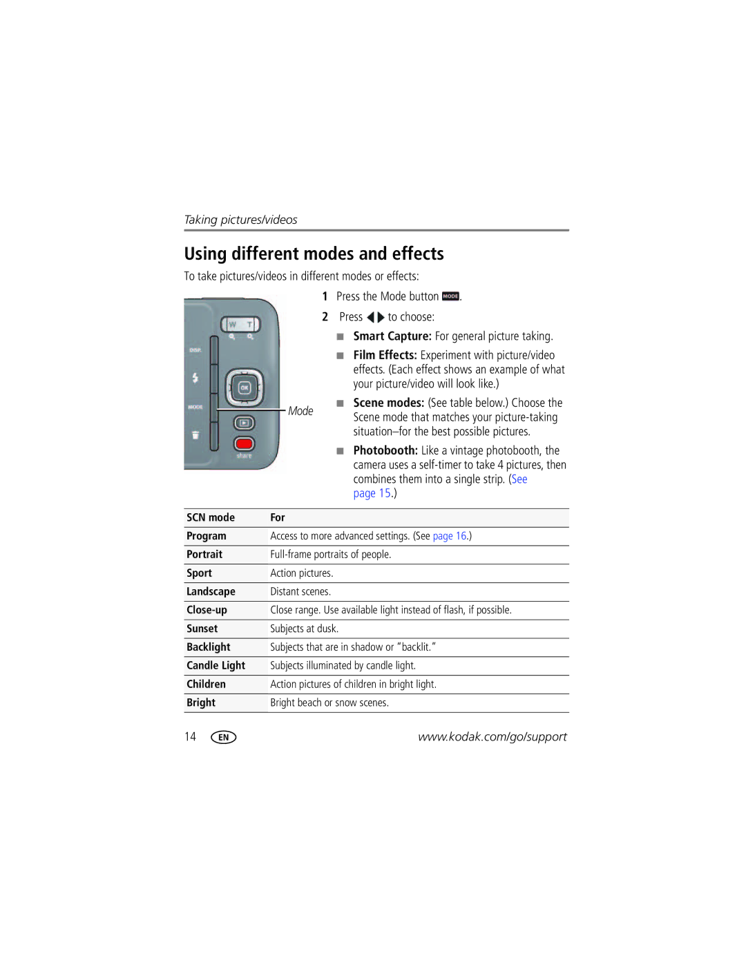 Kodak M583 manual Using different modes and effects, Press To choose, Your picture/video will look like 