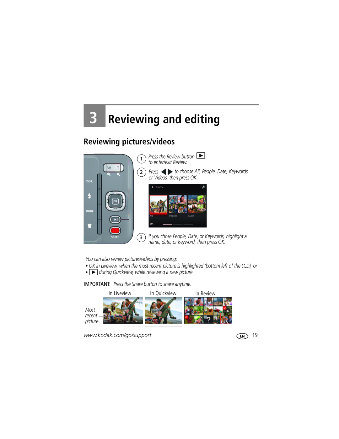 Kodak M583 manual Reviewing and editing, Reviewing pictures/videos, You can also review pictures/videos by pressing 