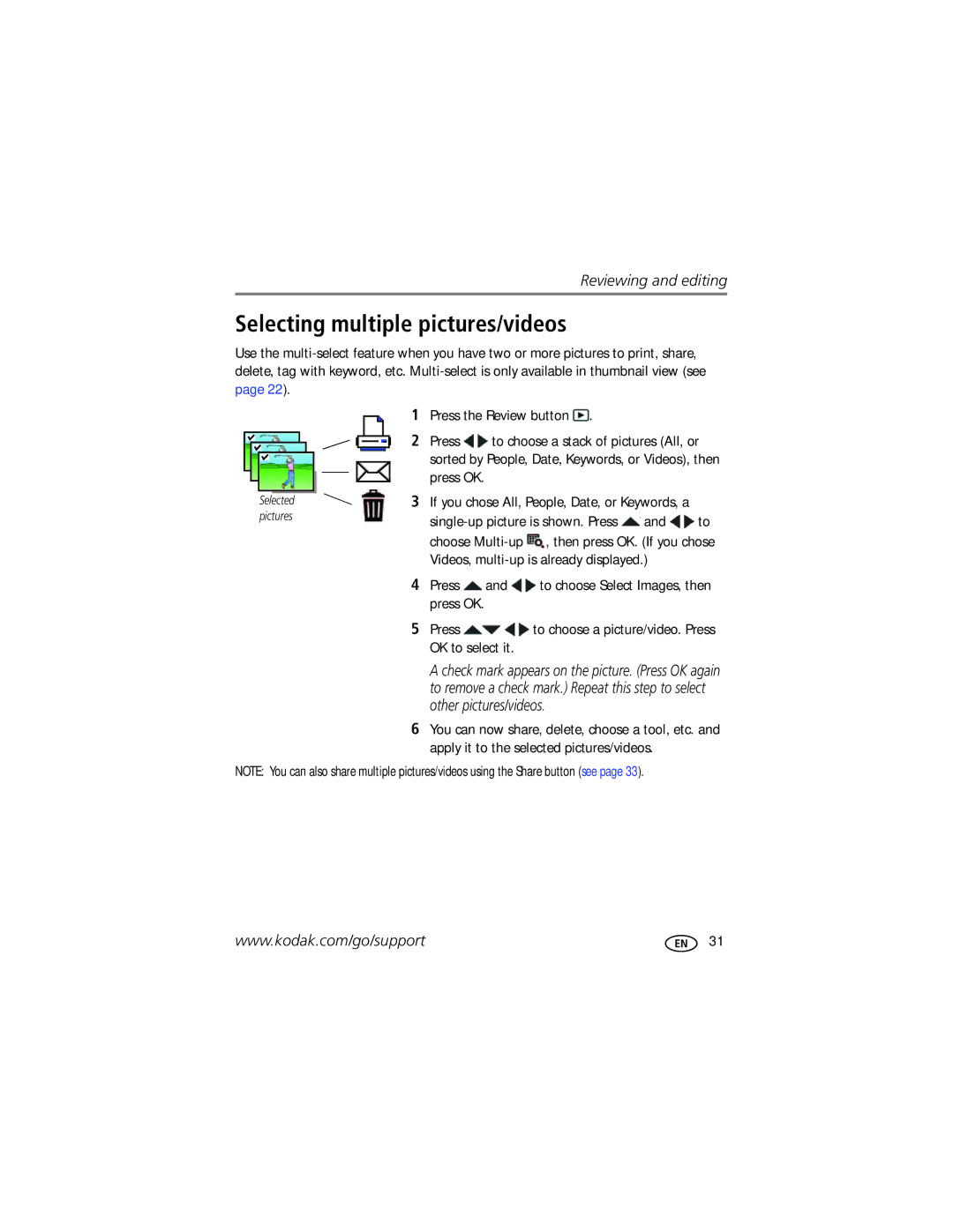 Kodak M583 manual Selecting multiple pictures/videos 