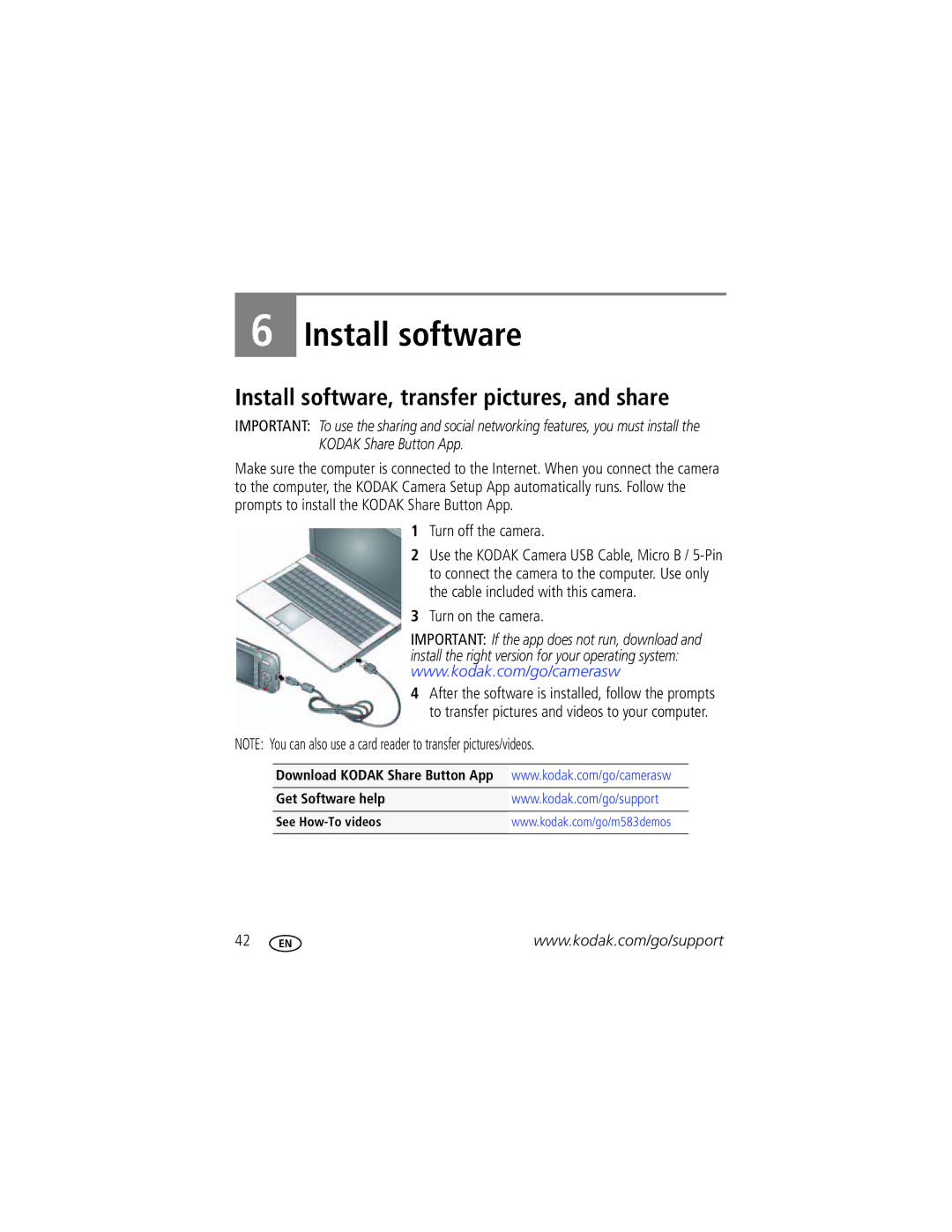 Kodak M583 manual Install software, transfer pictures, and share 