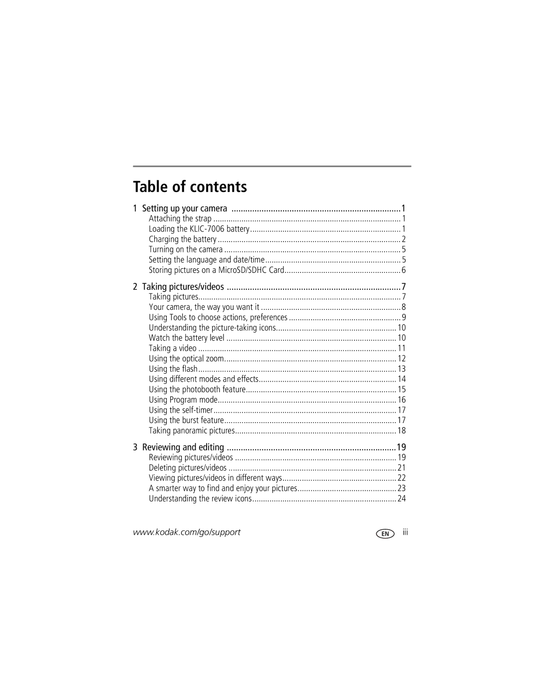 Kodak M583 manual Table of contents 