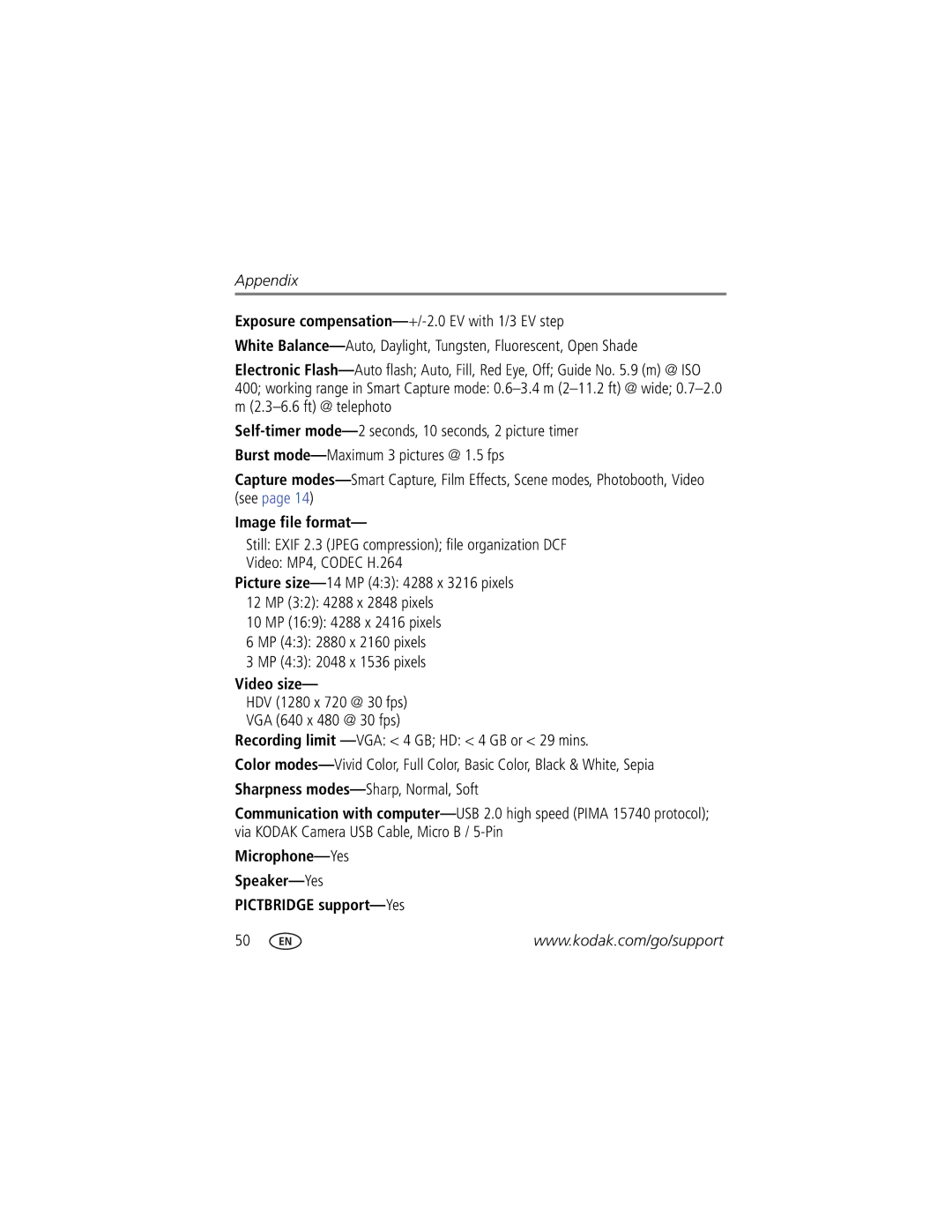 Kodak M583 manual Image file format, Video size 