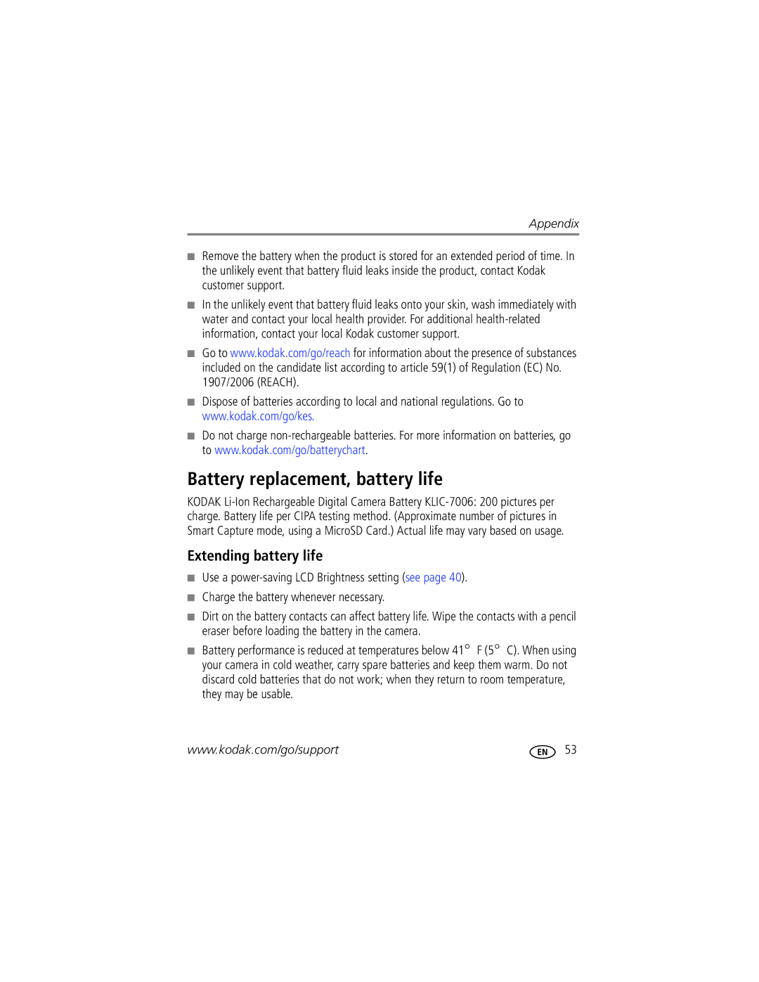 Kodak M583 manual Battery replacement, battery life, Extending battery life 