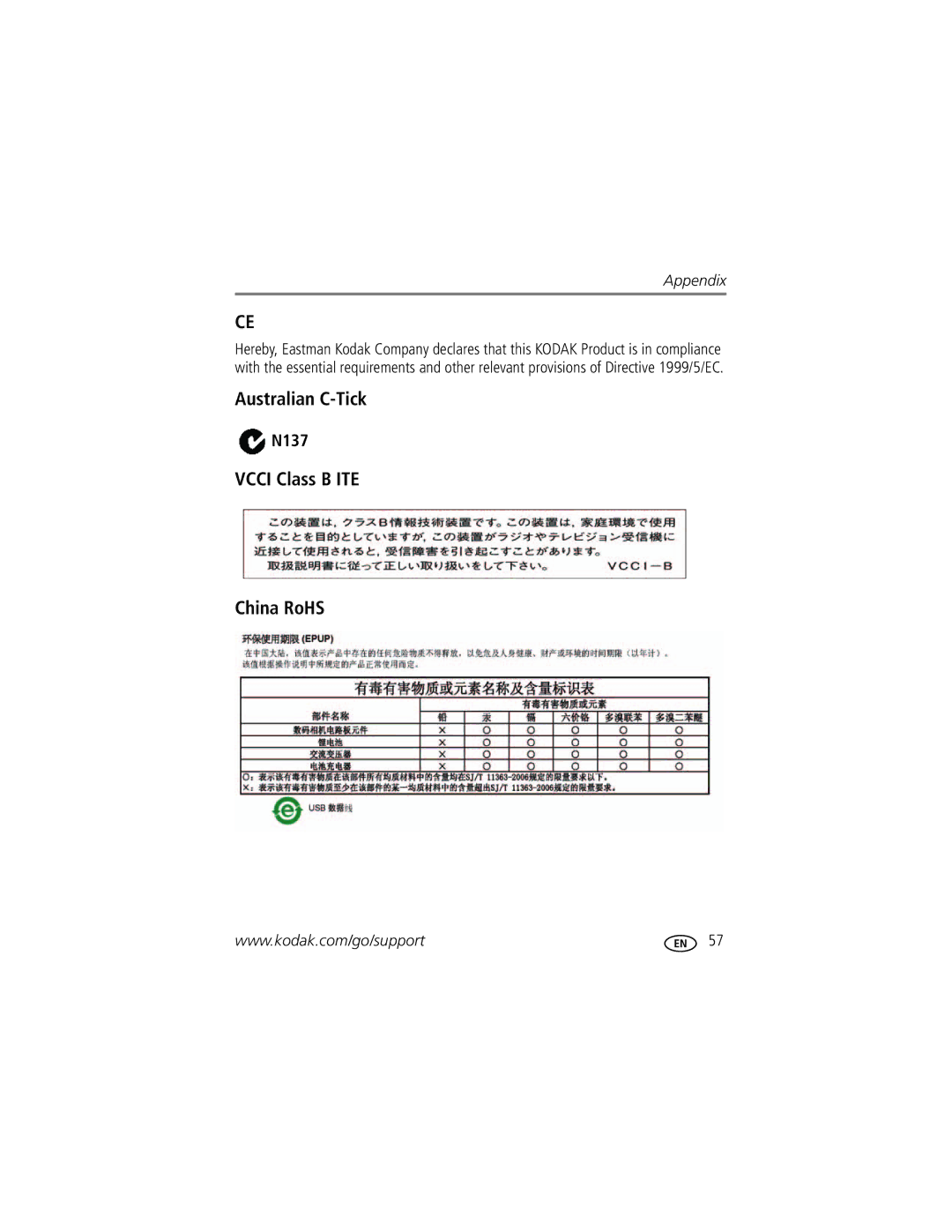 Kodak M583 manual Australian C-Tick, Vcci Class B ITE China RoHS, N137 