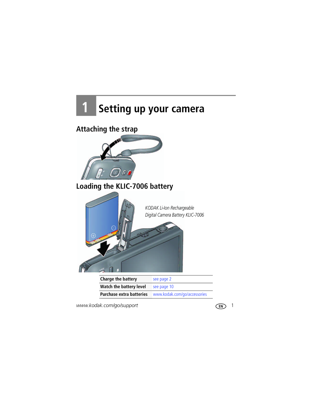 Kodak M583 manual Setting up your camera, Attaching the strap Loading the KLIC-7006 battery 