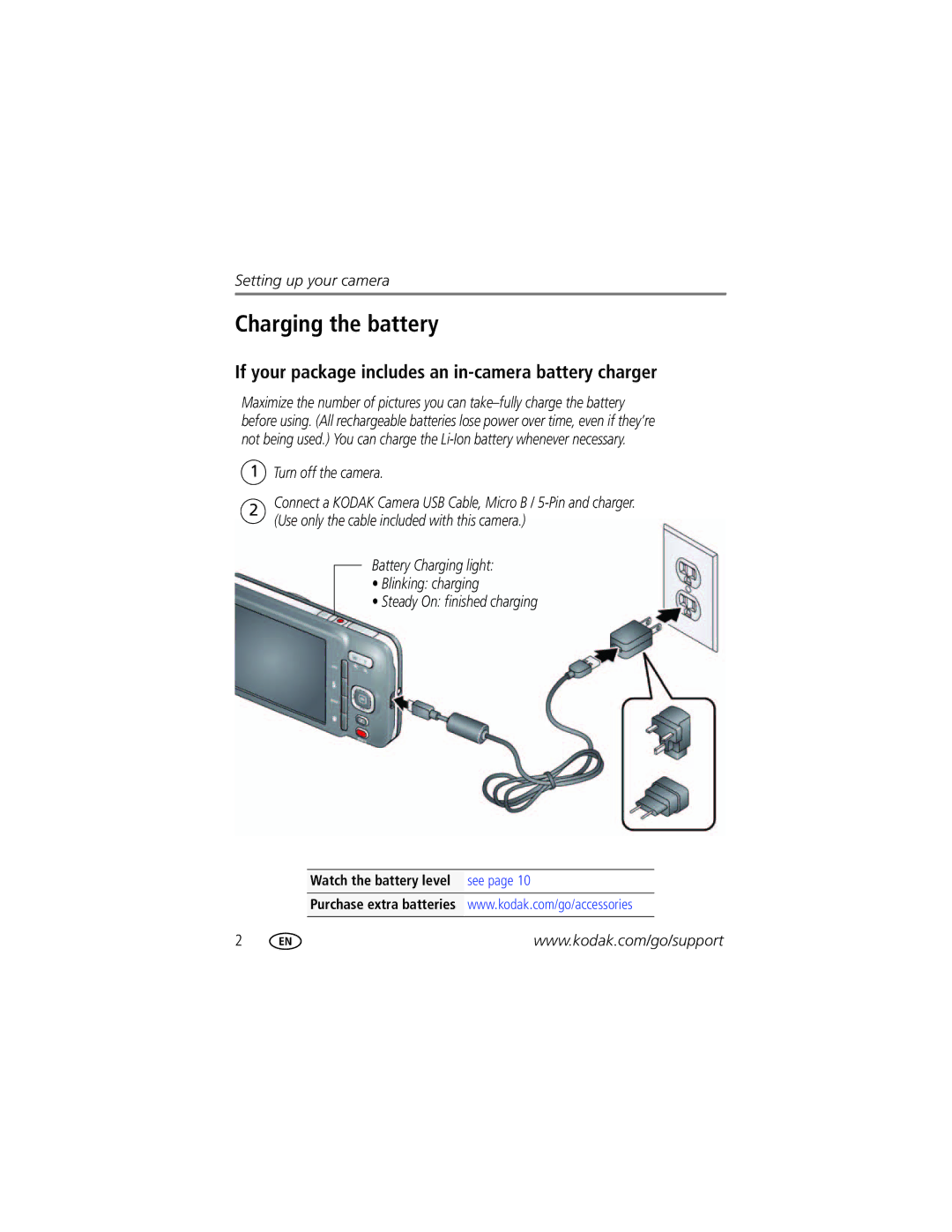 Kodak M583 manual Charging the battery, If your package includes an in-camera battery charger, Turn off the camera 