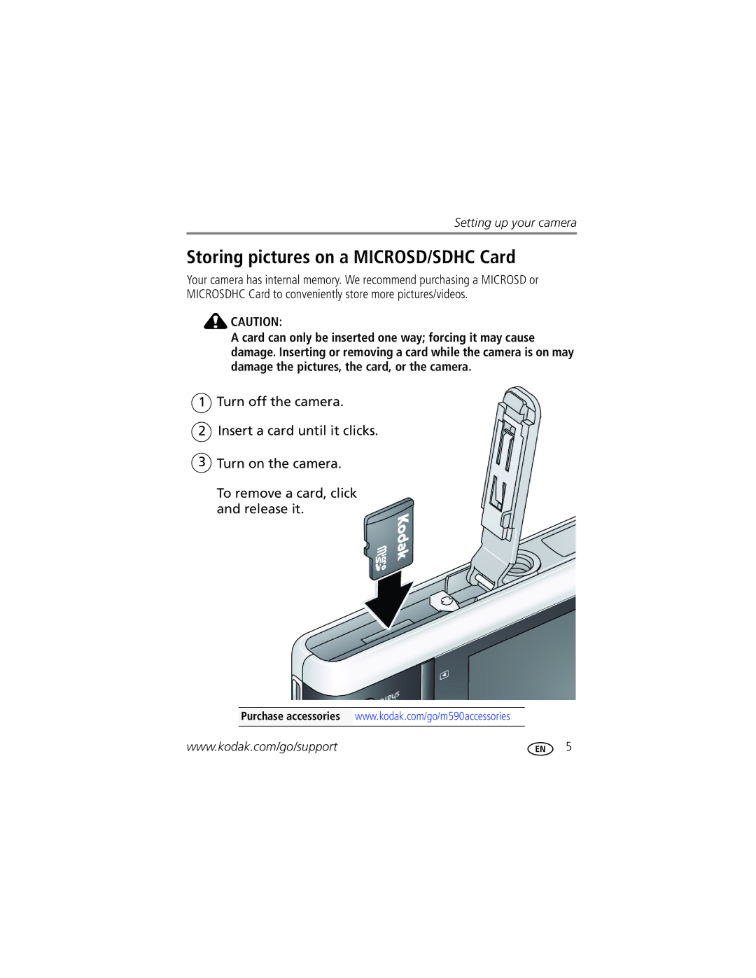 Kodak M590 manual Storing pictures on a MICROSD/SDHC Card 