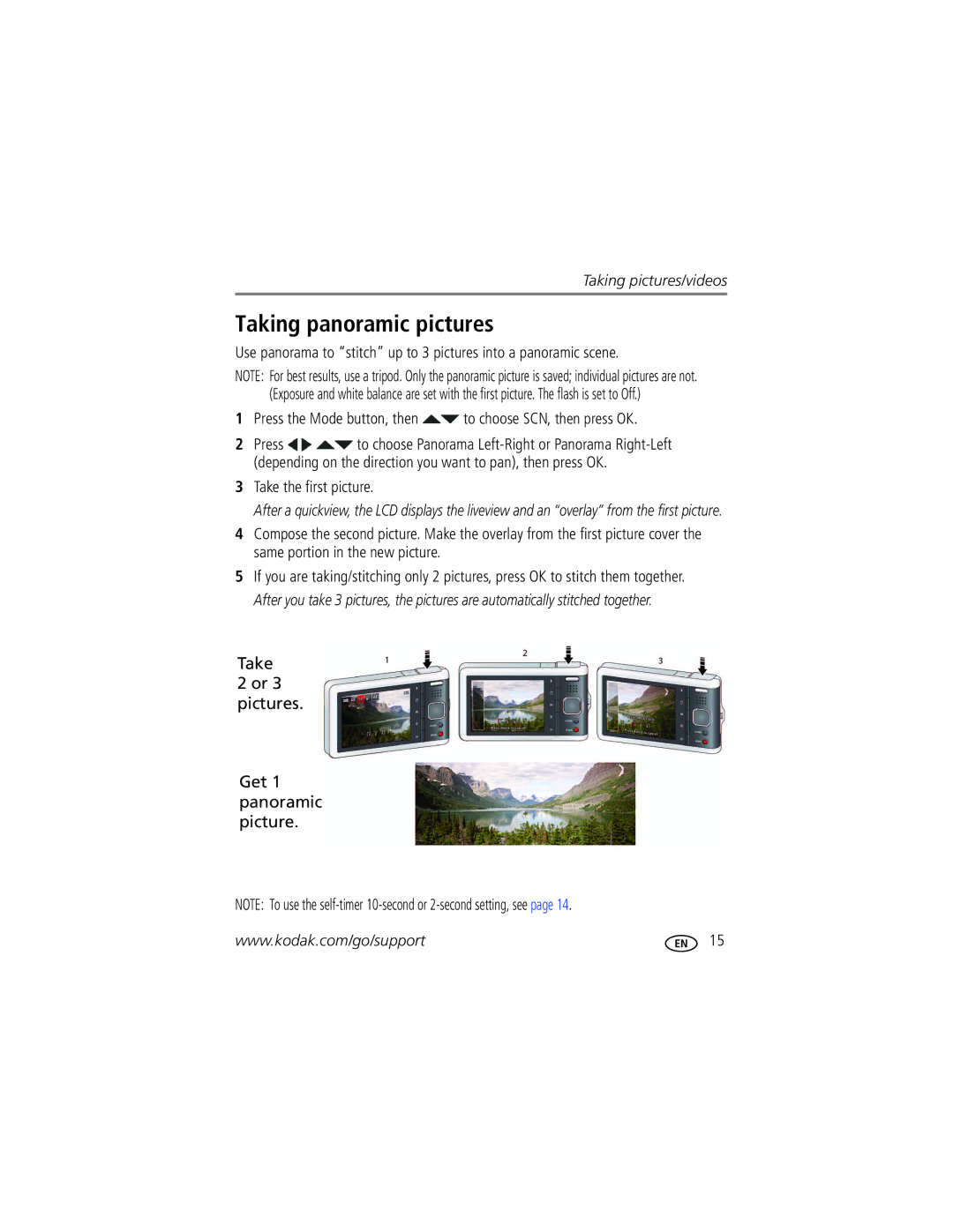 Kodak M590 manual Taking panoramic pictures, Take the first picture, Take Or 3 pictures Get 1 panoramic picture 