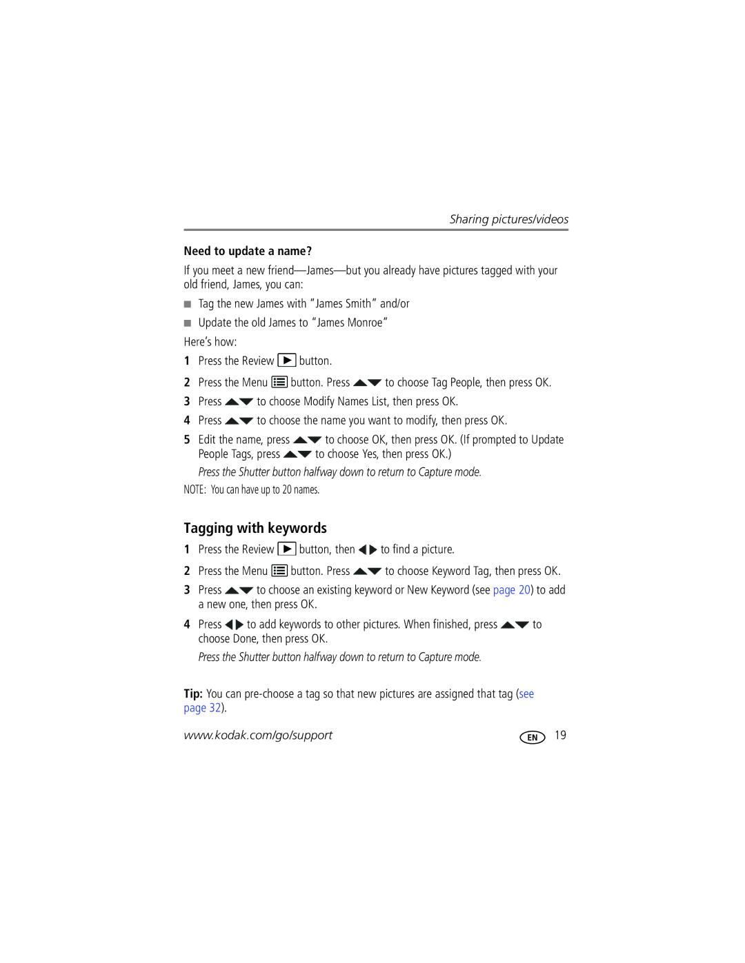 Kodak M590 manual Tagging with keywords, Need to update a name?, People Tags, press to choose Yes, then press OK 