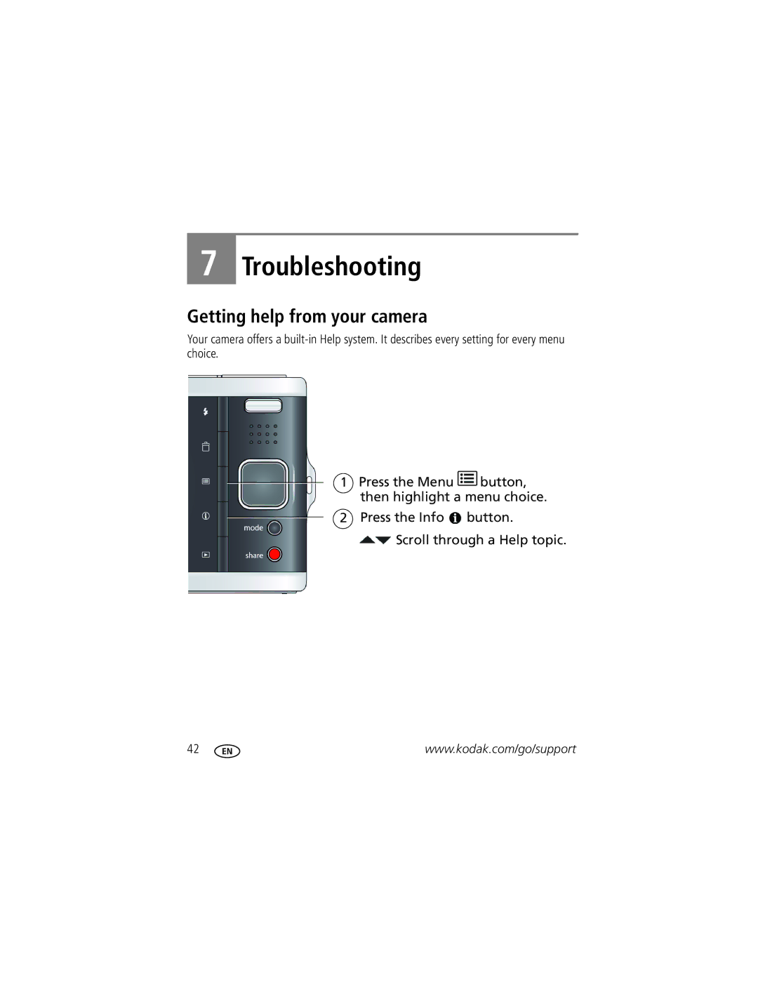 Kodak M590 manual Troubleshooting, Getting help from your camera 