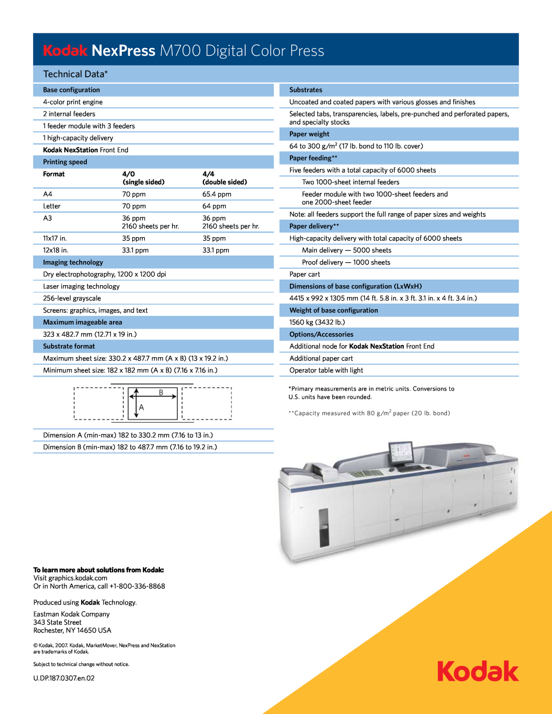 Kodak manual NexPress M700 Digital Color Press, Technical Data 
