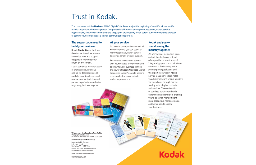 Kodak M700 manual Trust in Kodak, At your service, Kodak and you - transforming the industry together, and more prosperous 