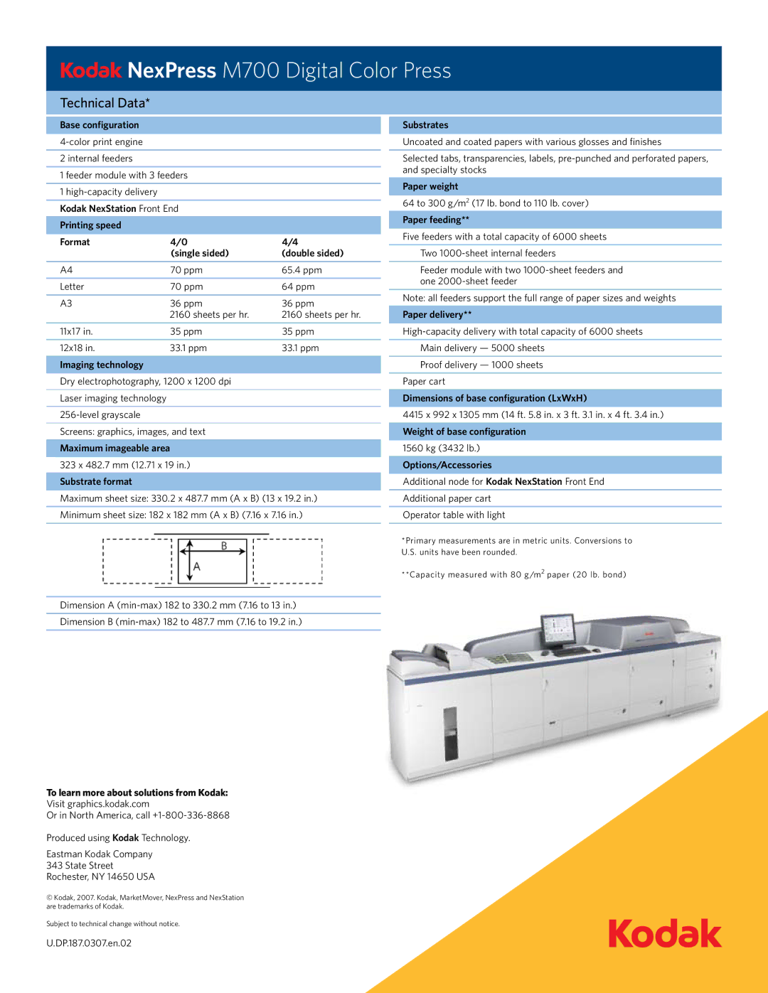 Kodak M700 manual Base configuration, Maximum imageable area, Substrate format, Substrates, Paper weight, Paper feeding 