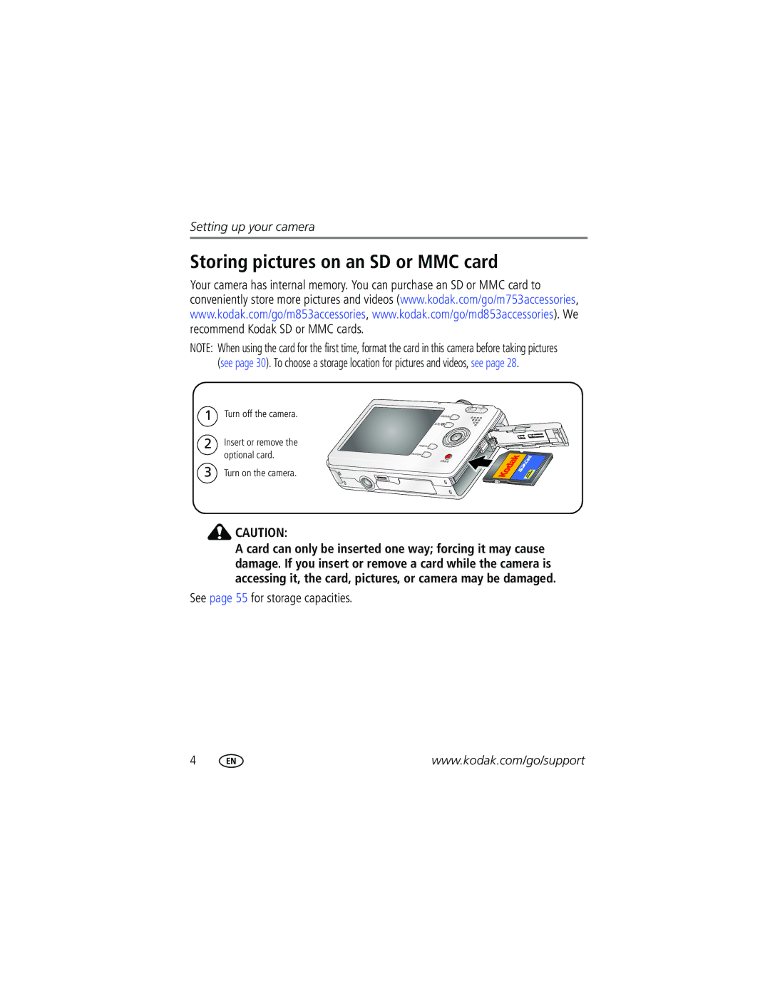 Kodak M753 manual Storing pictures on an SD or MMC card, See page 55 for storage capacities 