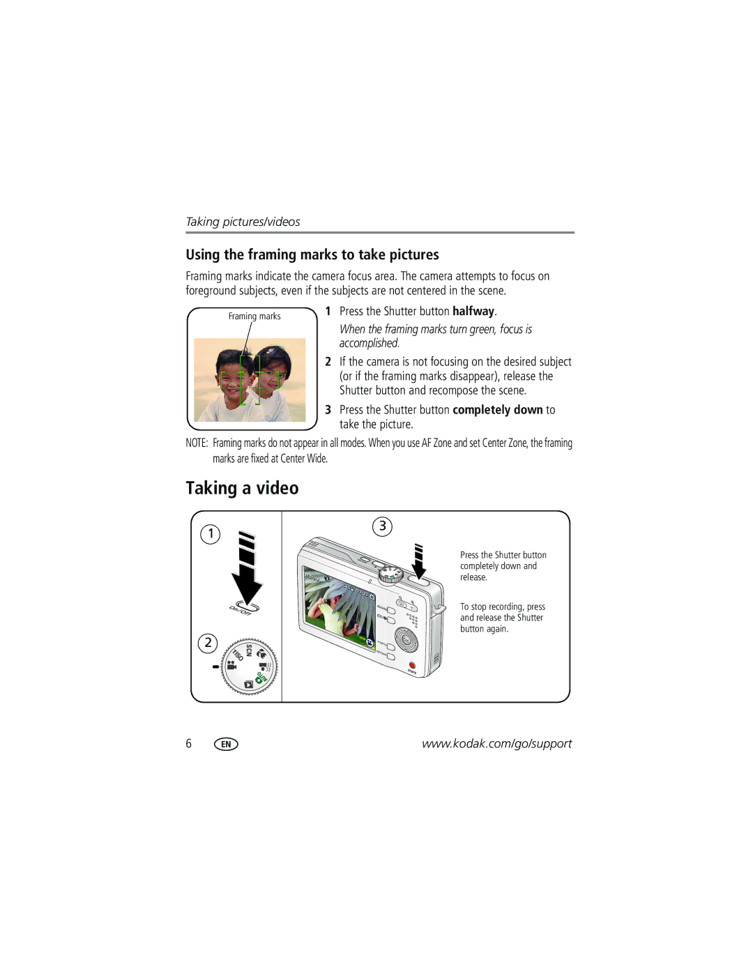 Kodak M753 manual Taking a video, Using the framing marks to take pictures, Press the Shutter button halfway 